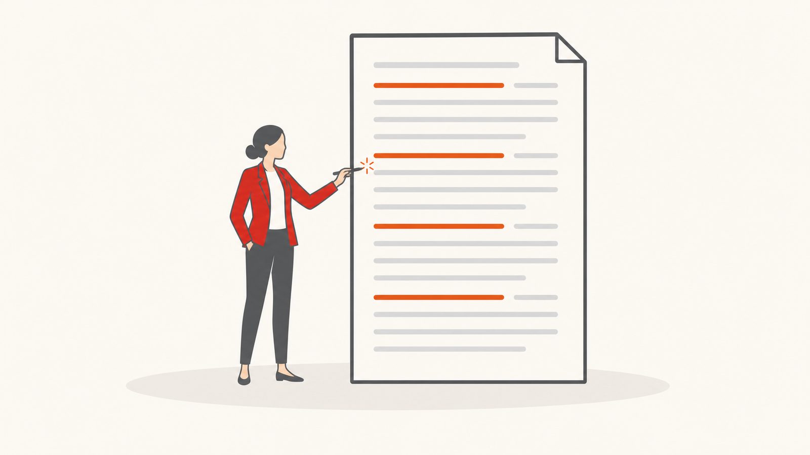 A businesswoman refines an oversized executive resume marked with ember highlight lines and a small ember seal — evoking the craft of an impactful resume