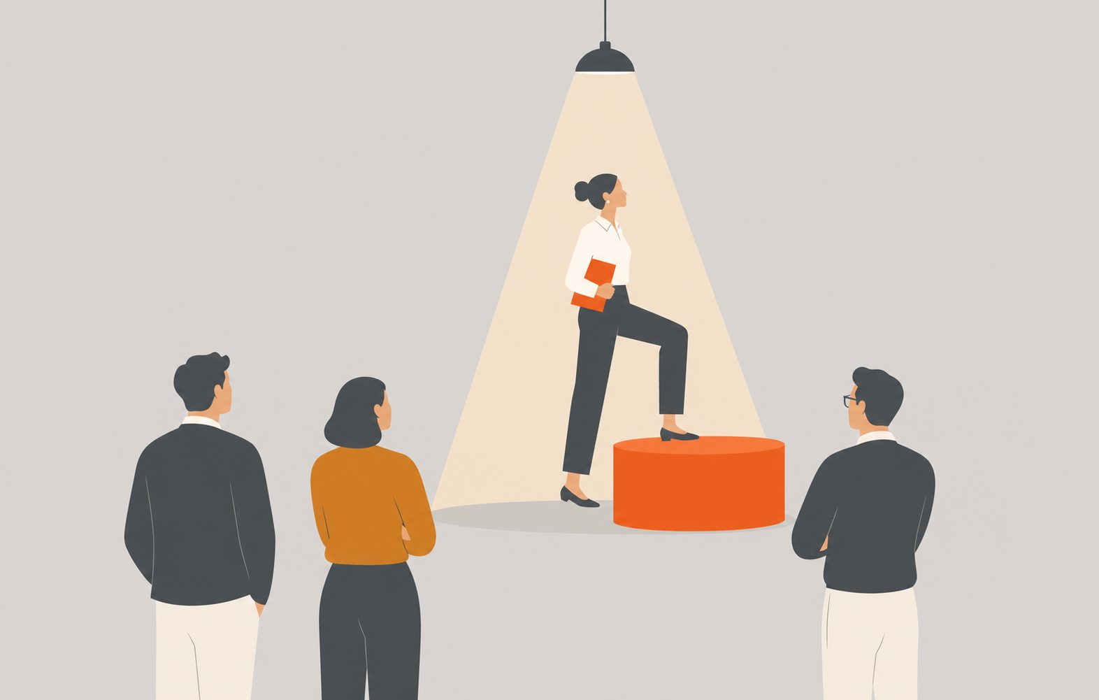 Woman executive on an orange podium beneath a spotlight, gaining visibility with recruiters.