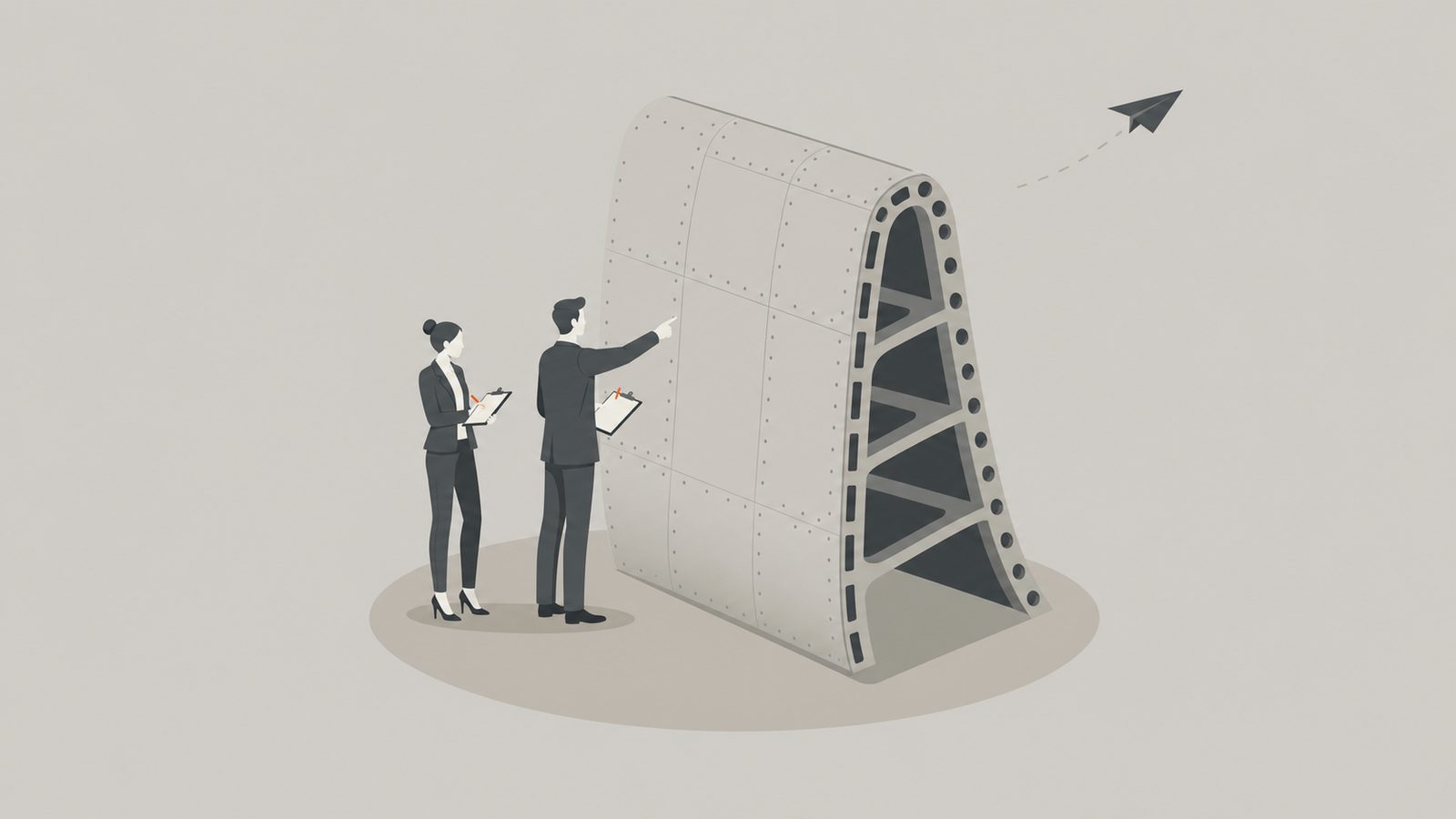 Flat editorial illustration: two executives with clipboards inspect a curved aircraft fuselage section with visible ribs and rivets on a warm neutral background; a small paper airplane in the upper right.