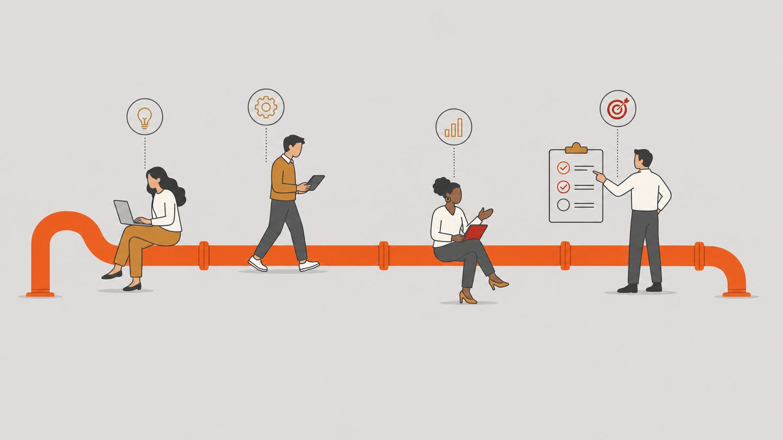Orange talent pipeline carrying diverse engineers toward a shared workbench.