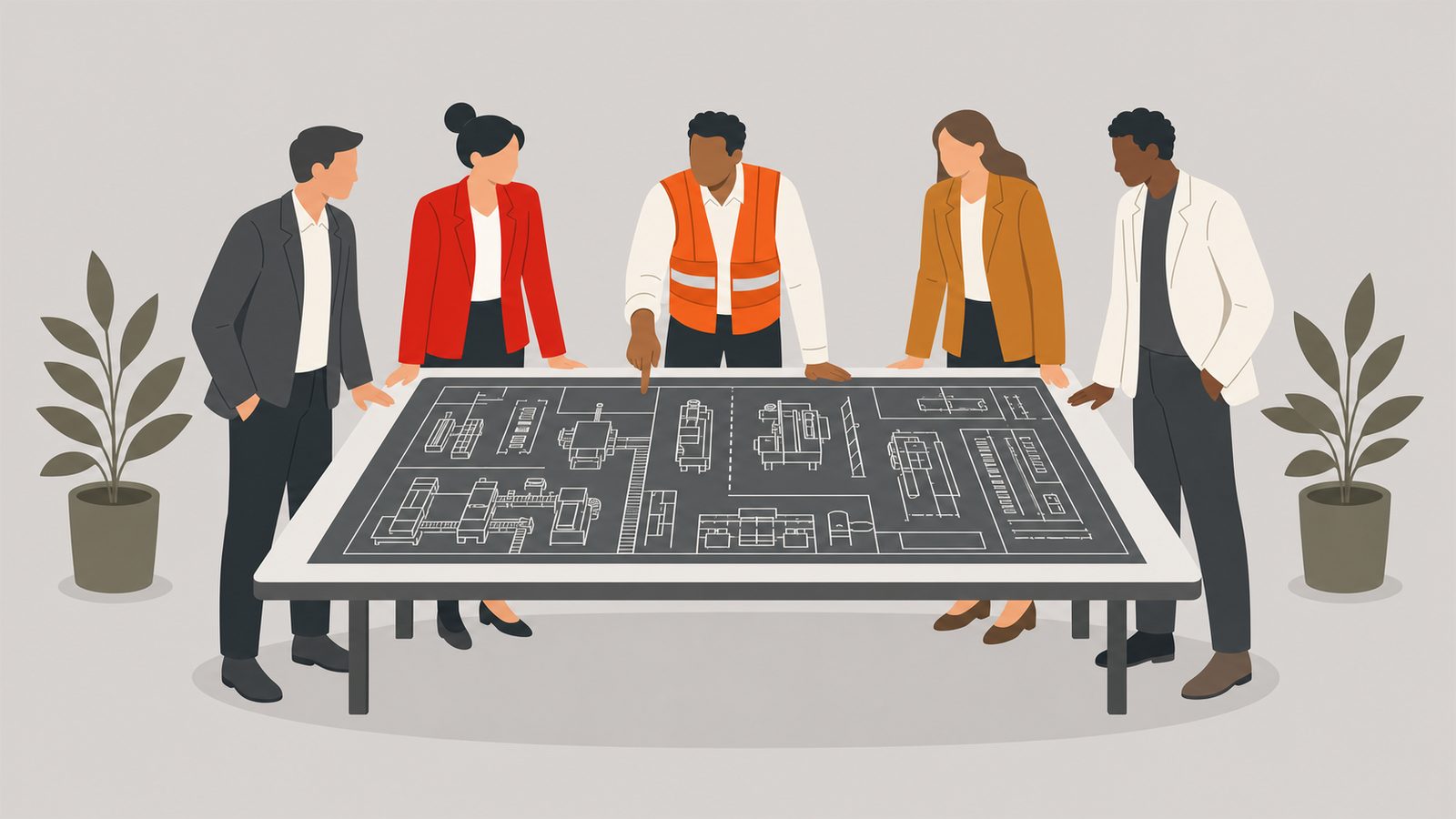 Five leaders gathered around a strategy table showing a stylized plant-floor layout, with a safety-vested operator seated at the front
