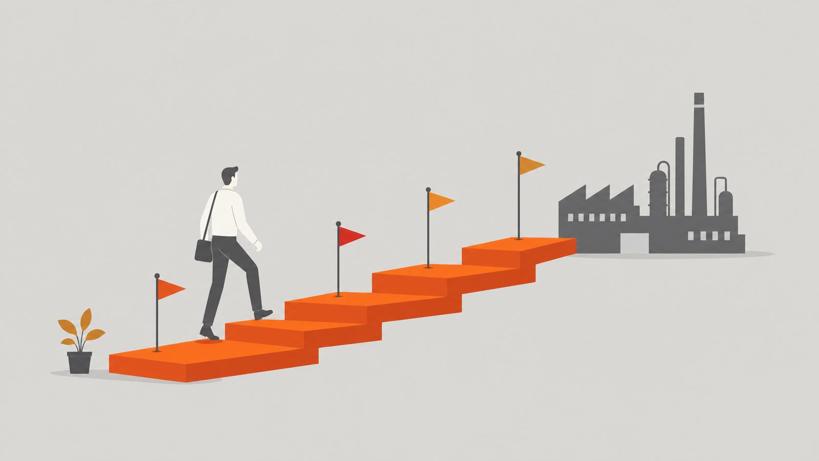 Professional walking up an orange stepped career path with a factory in the background.