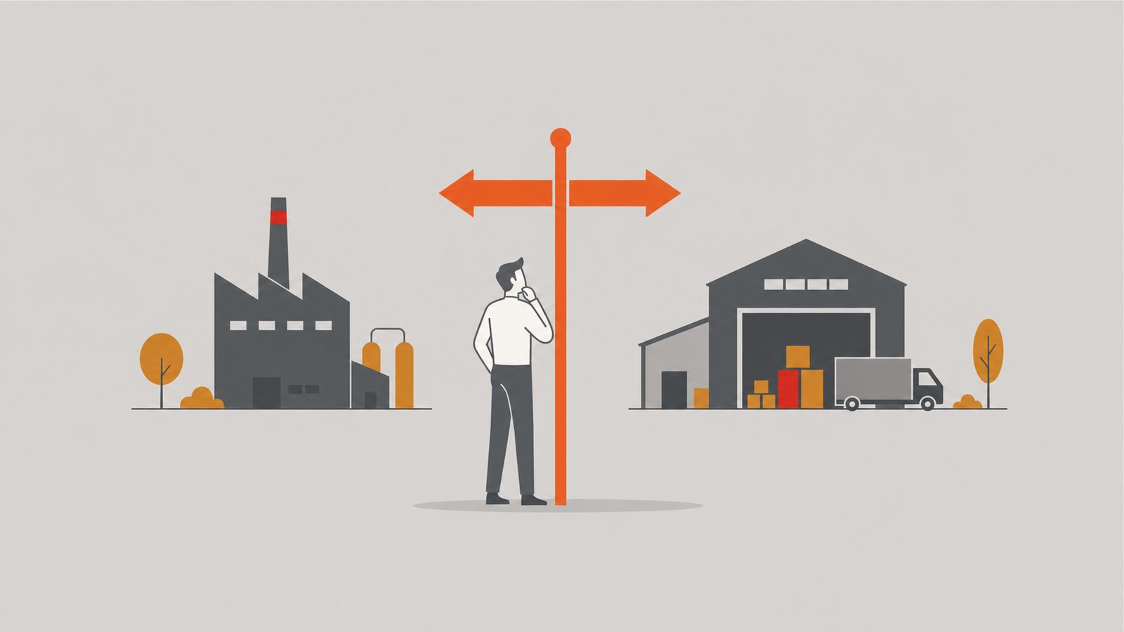 Professional at an orange signpost choosing between manufacturing and supply-chain paths.