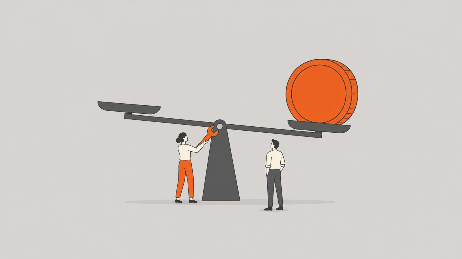 Woman adjusting an unbalanced scale of coins toward gender pay parity.