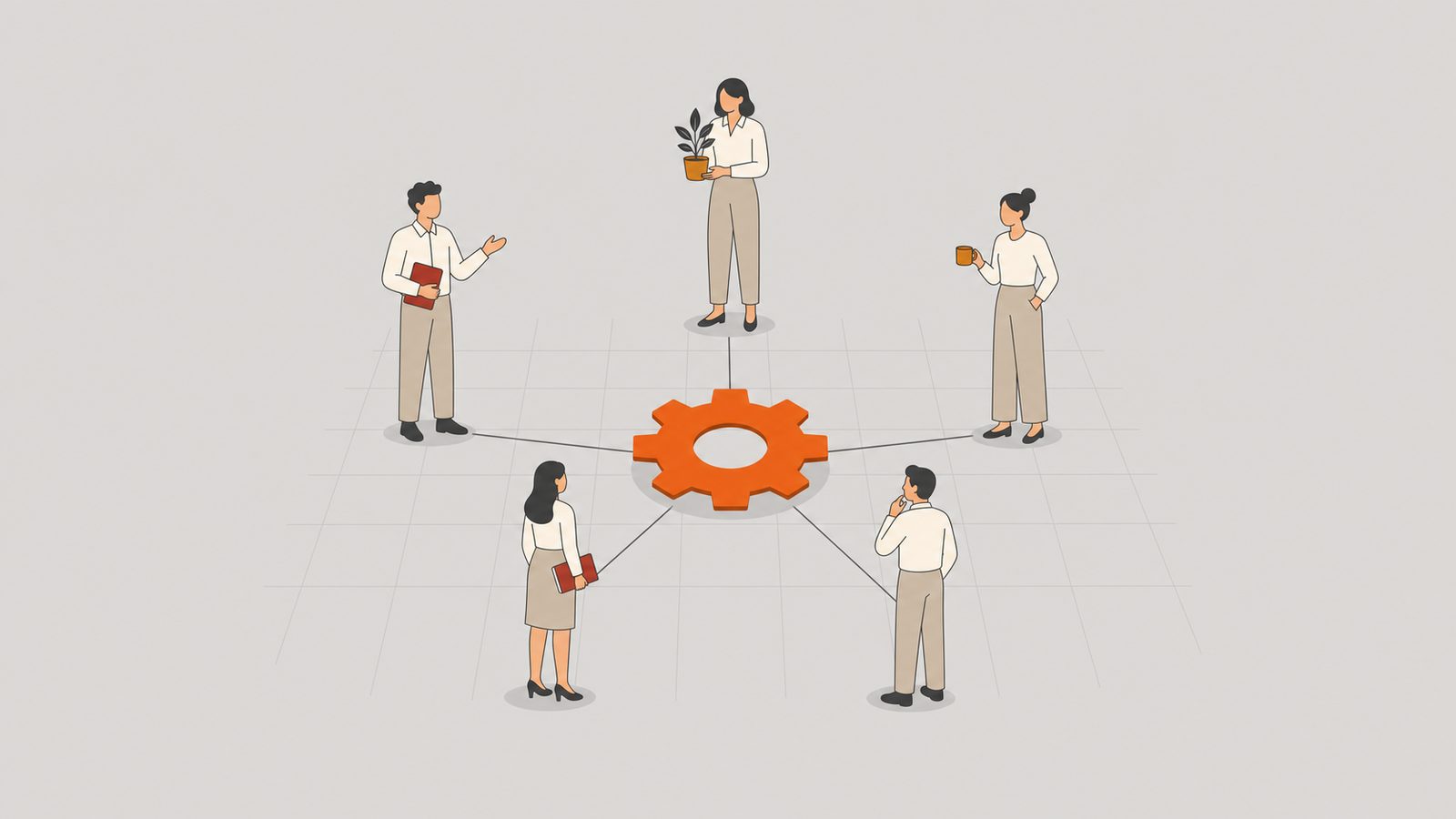 Diverse team encircling an orange gear on a factory floor, symbolizing inclusive practice.