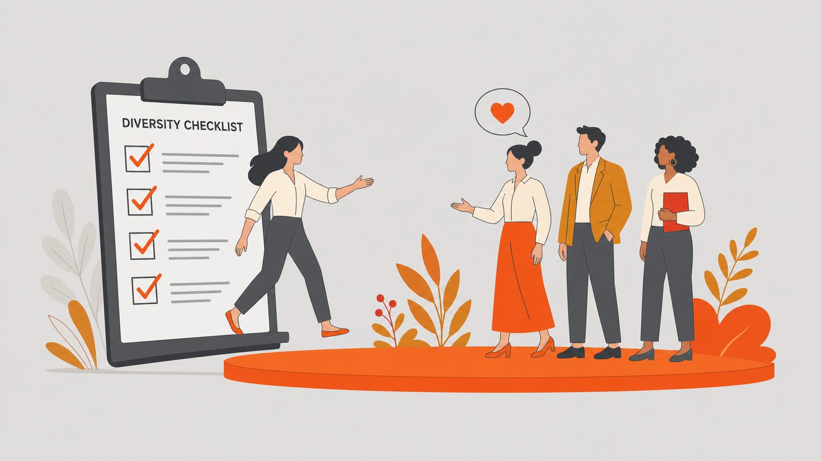 Figure stepping off a checkbox clipboard onto a platform of real inclusion.