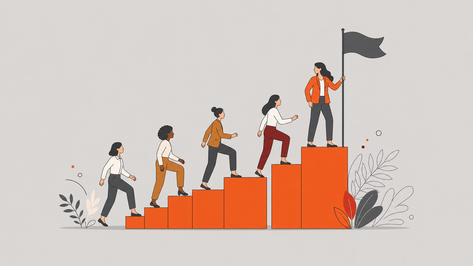 Recruiter raising a flag as diverse women ascend platforms behind her.
