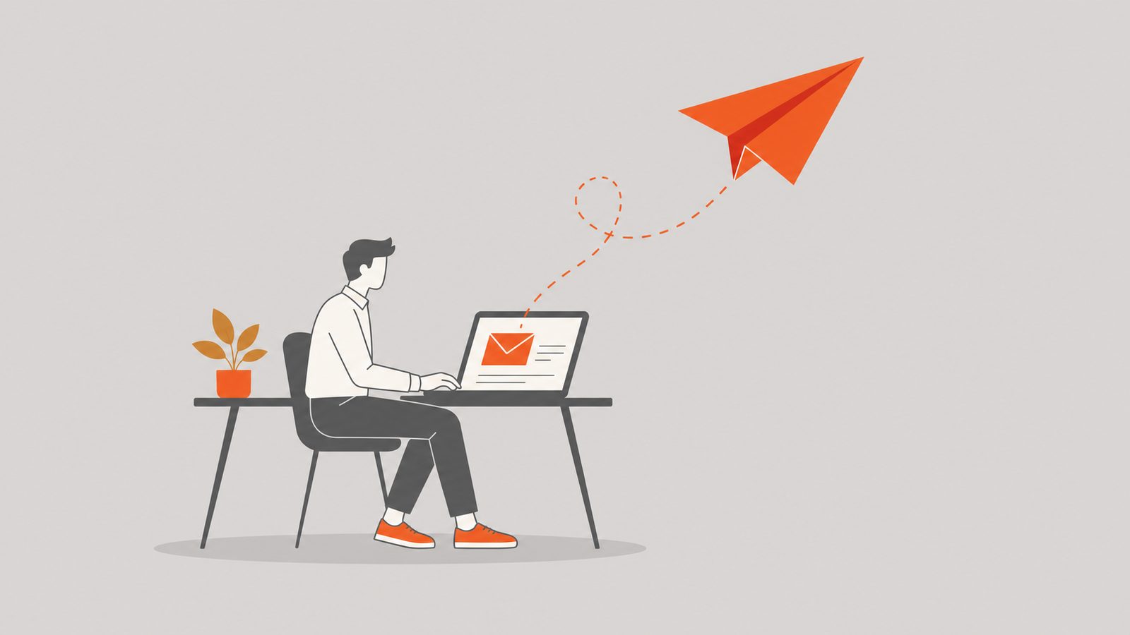 Executive composing a thank-you email that flies away as an orange paper airplane.
