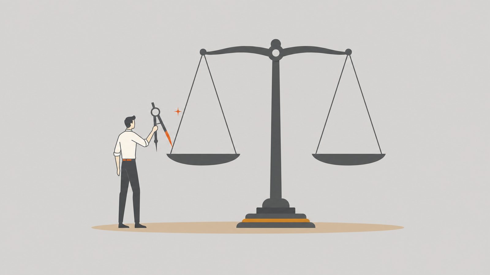 Search consultant holding an orange-needled compass beside the scale of justice.