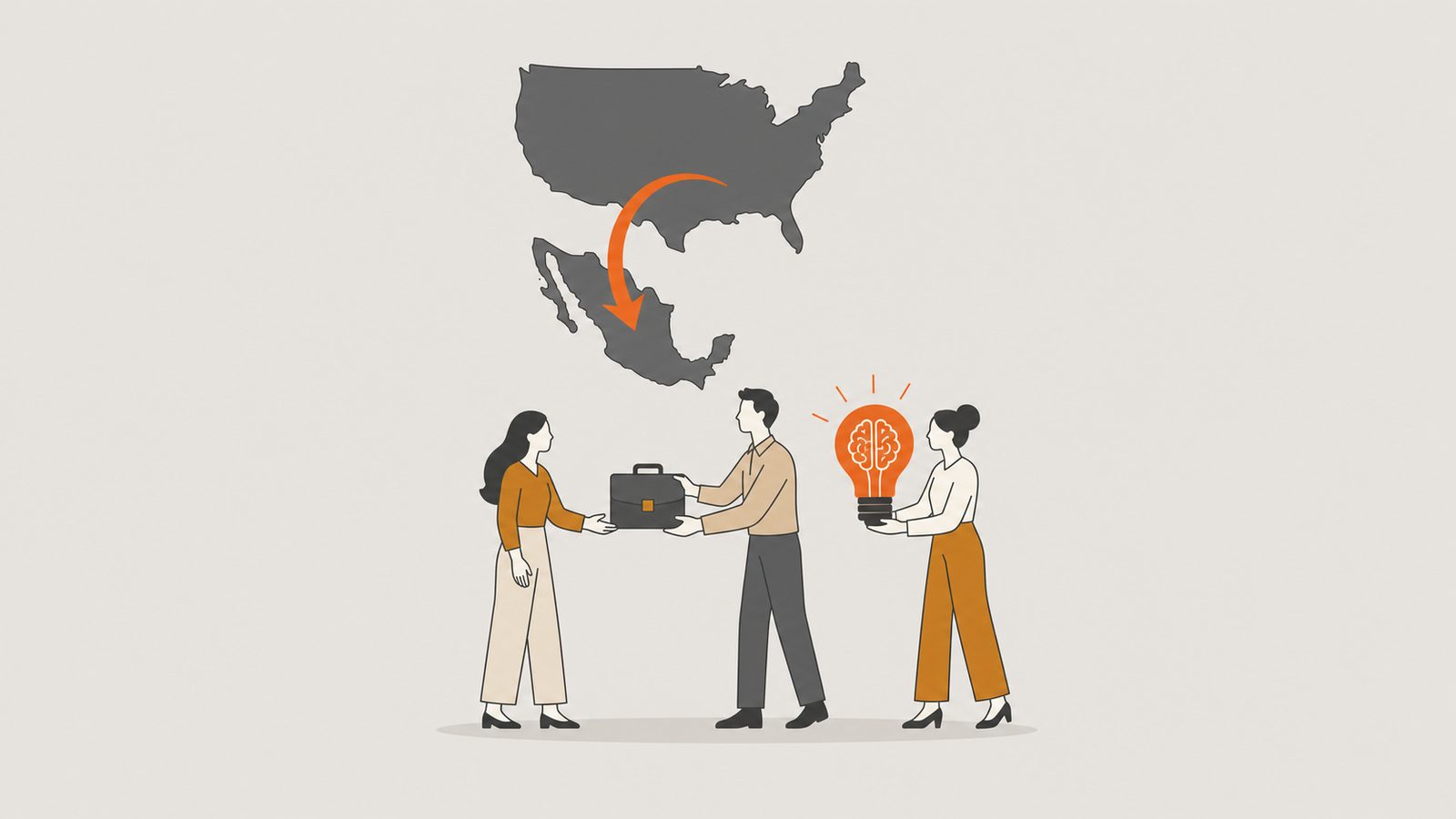 Orange arrow arcing from the US to Mexico as figures receive incoming expertise.