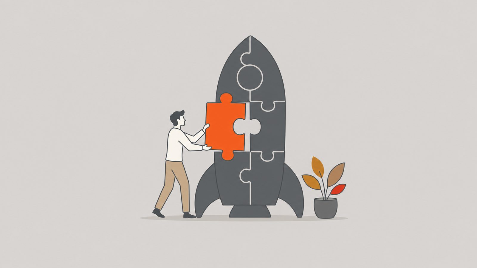 Executive fitting an orange puzzle piece into a startup-shaped frame.