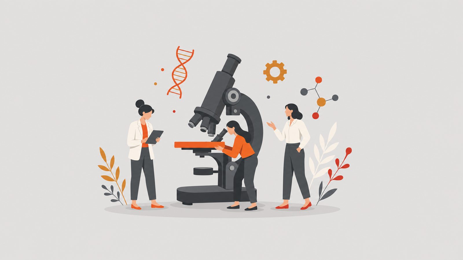 Three women scientists working with an orange-lit microscope and STEM iconography.