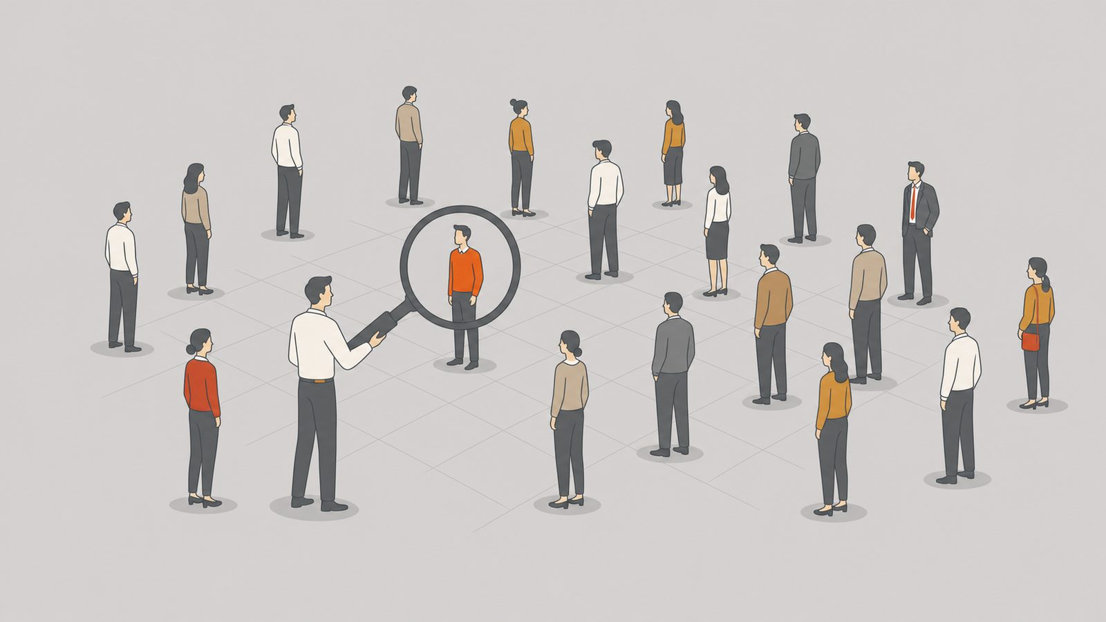 Recruiter's magnifying glass highlighting one orange candidate among many silhouettes.