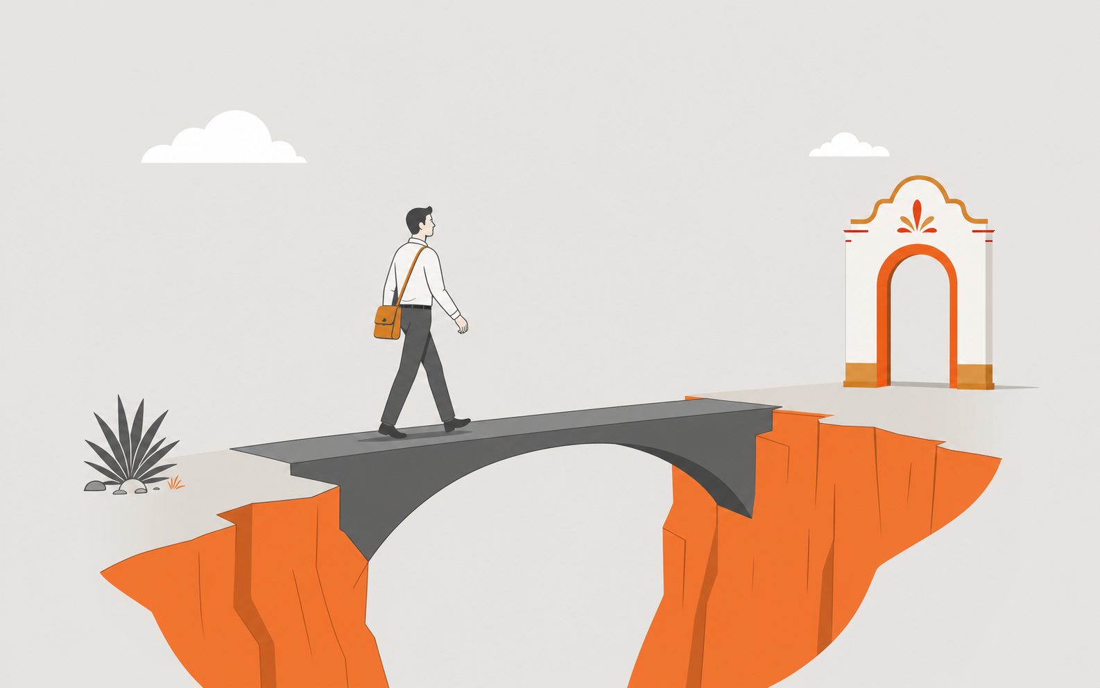 Executive crossing a bridge over an orange chasm toward a Mexican archway.