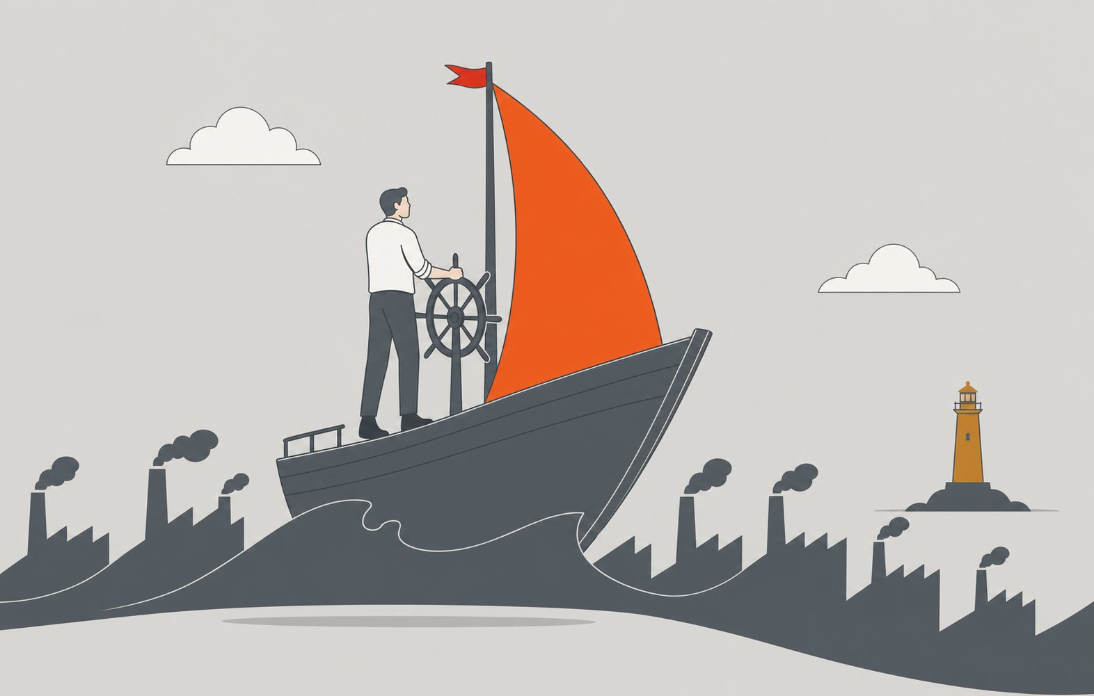 Executive navigating a factory-lined channel aboard an orange-sailed ship.