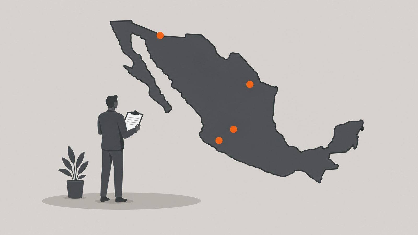 Editorial illustration of a plant leader on an industrial floor studying a map of Mexico's manufacturing corridors.