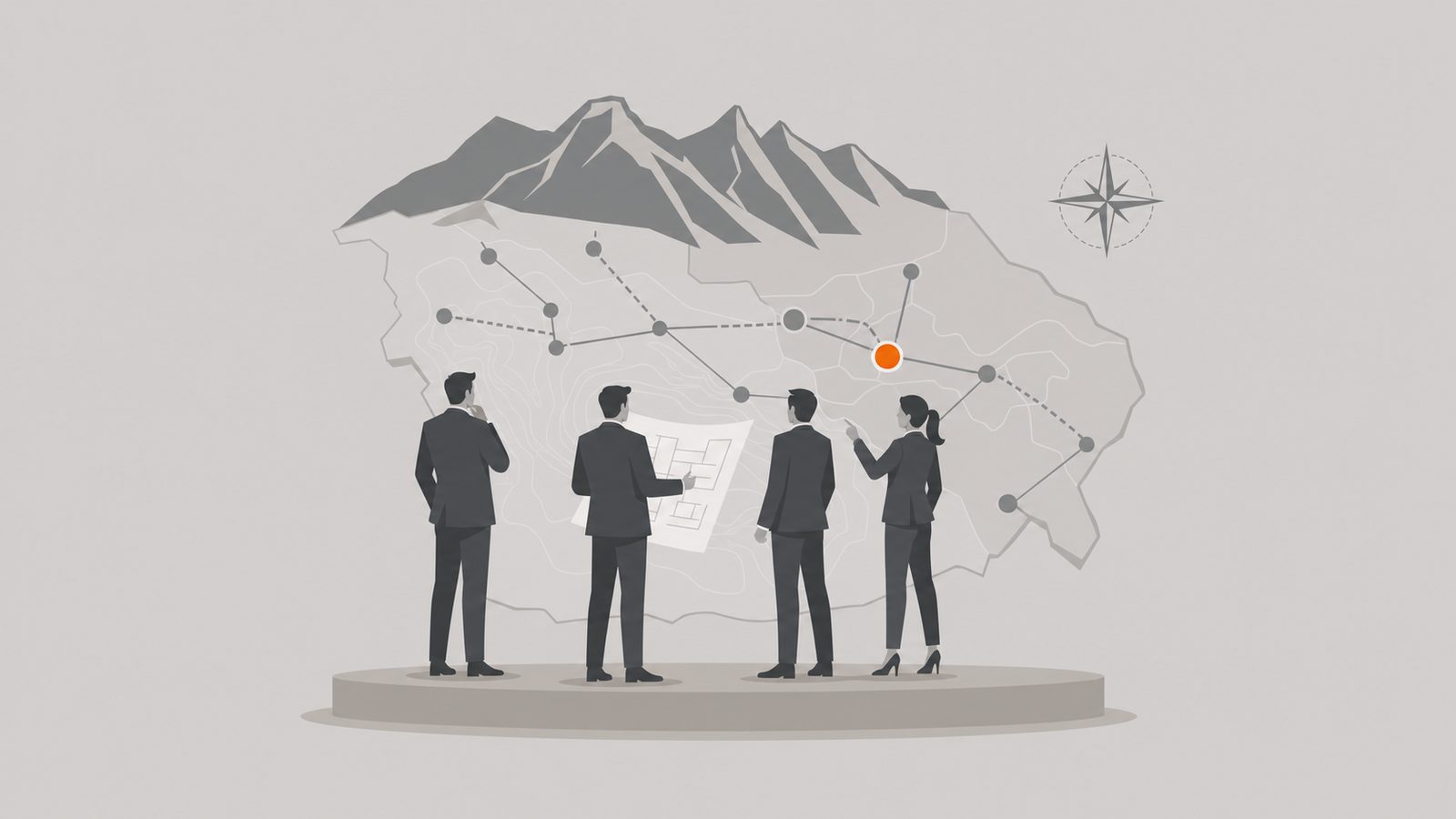 Editorial illustration of three executives gathered around a stylized map of the Monterrey industrial corridor with the Sierra Madre silhouette behind and a single orange node highlighted, on a warm gray field.