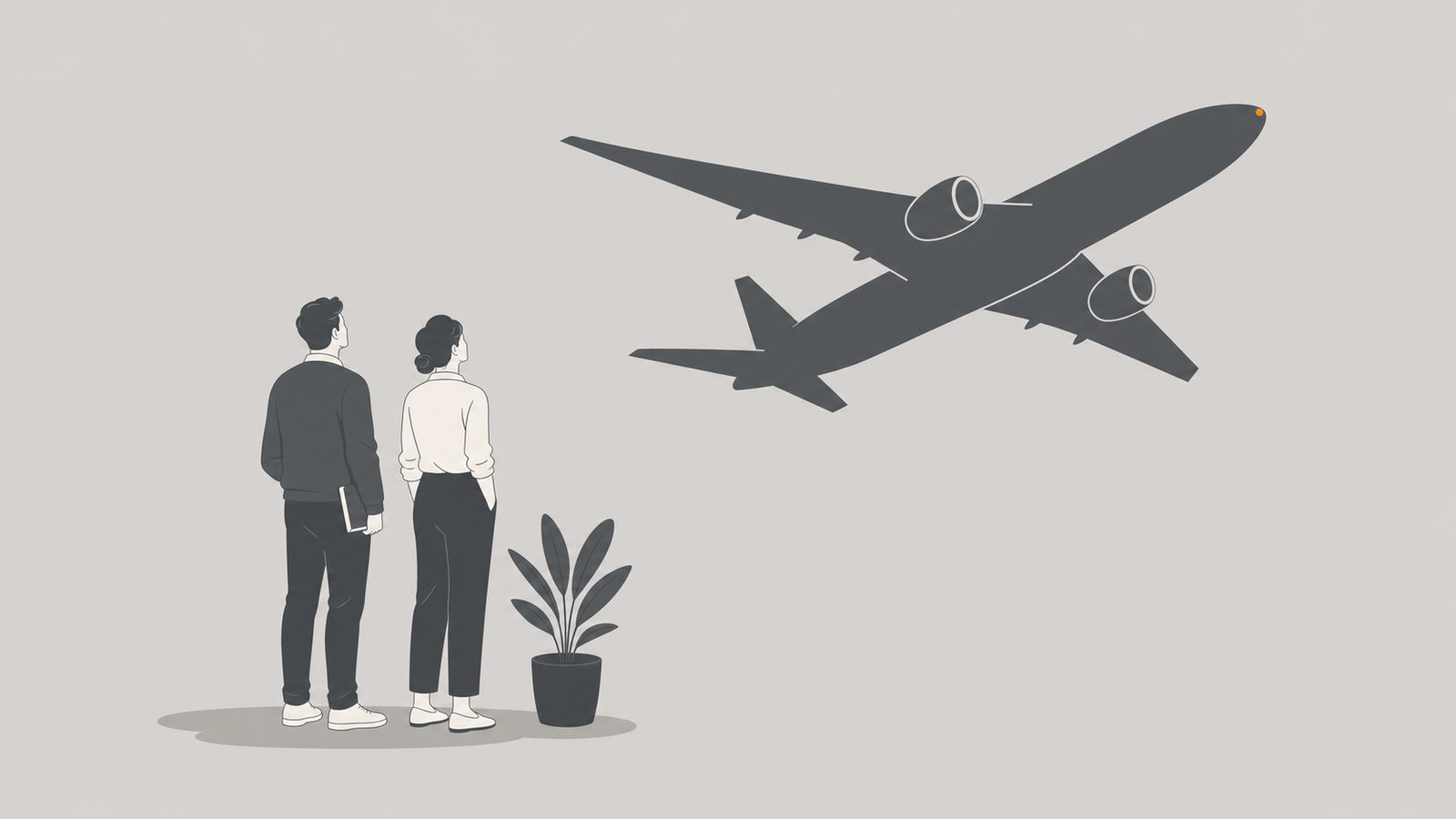 Editorial illustration of two figures in conversation beside a stylized aircraft silhouette on the Alder Koten ak-stone field.