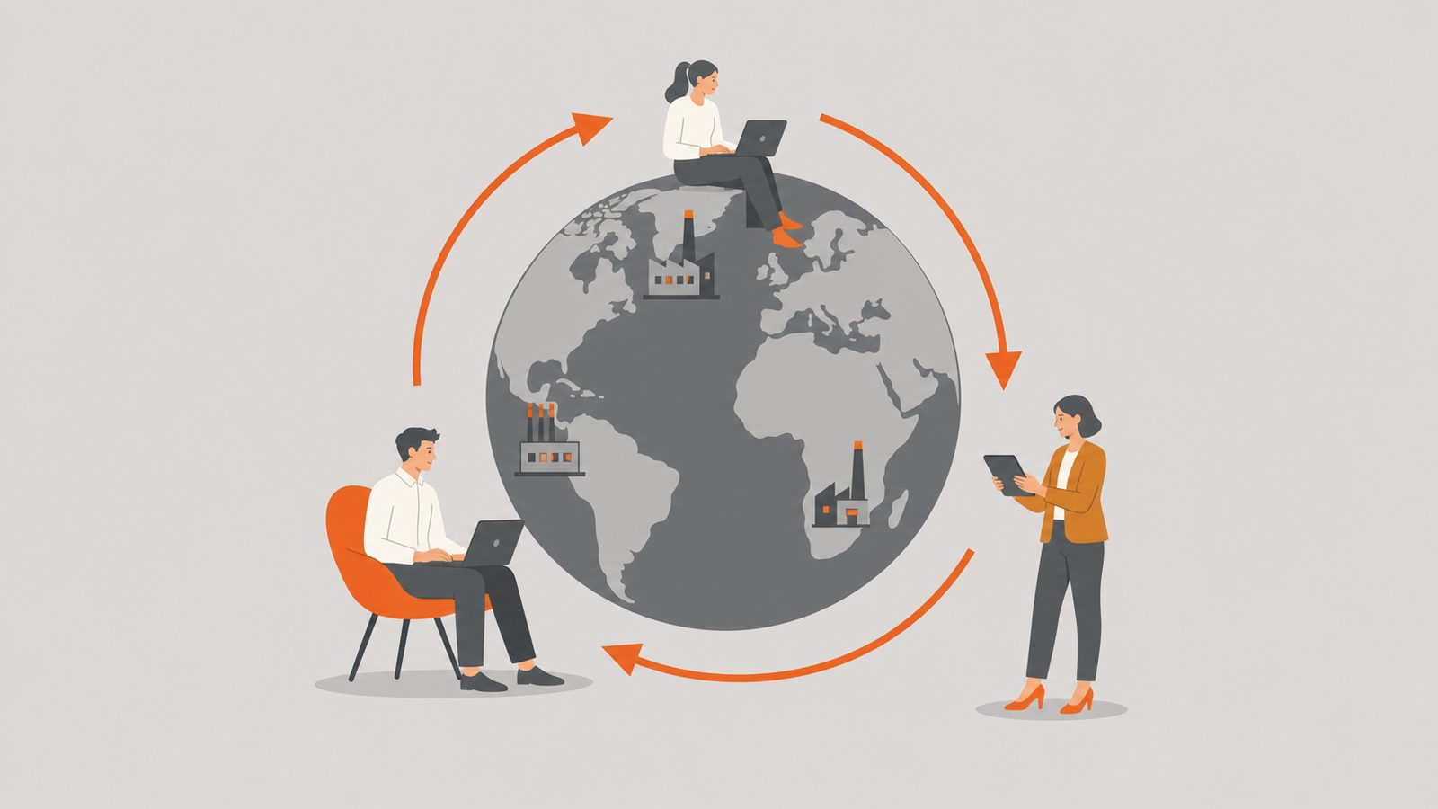 Orange arrows cycling around a globe with figures across continents.