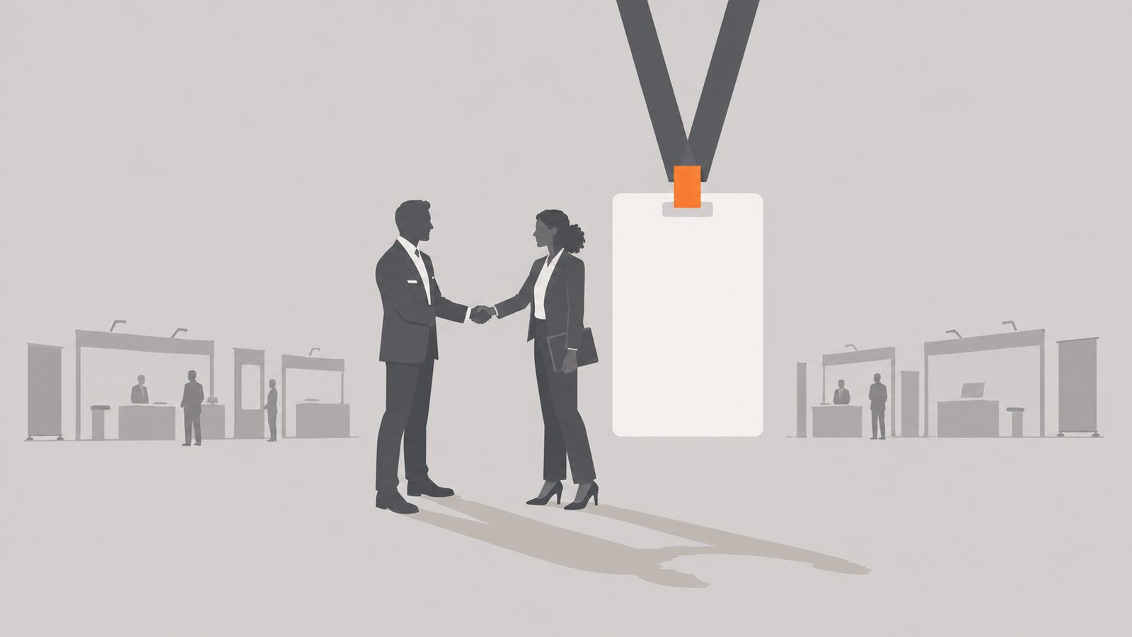 Ilustración editorial de dos figuras que se reúnen junto a un gafete de conferencia de gran tamaño, con un pequeño acento naranja sobre un fondo gris piedra.