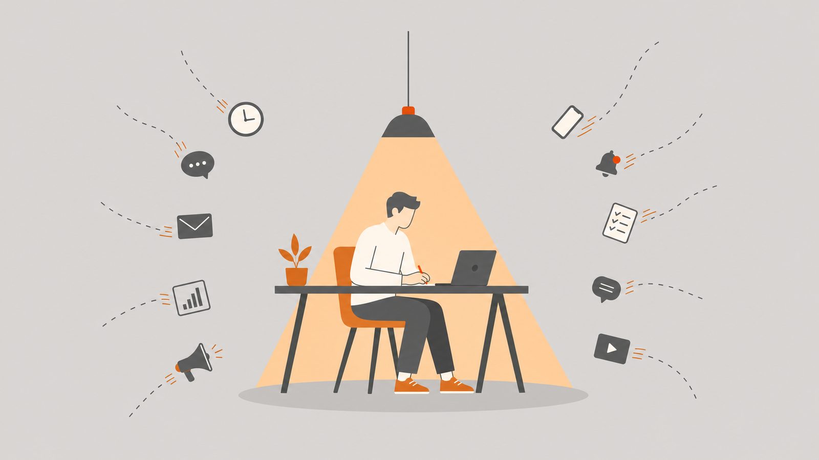 Focused professional at a desk beneath an orange light cone, distractions falling away.