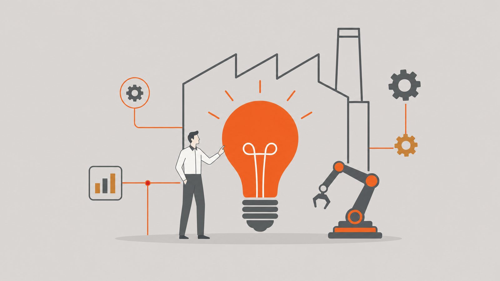 Engineer beside a large orange lightbulb connected to robotic-arm and gear icons.