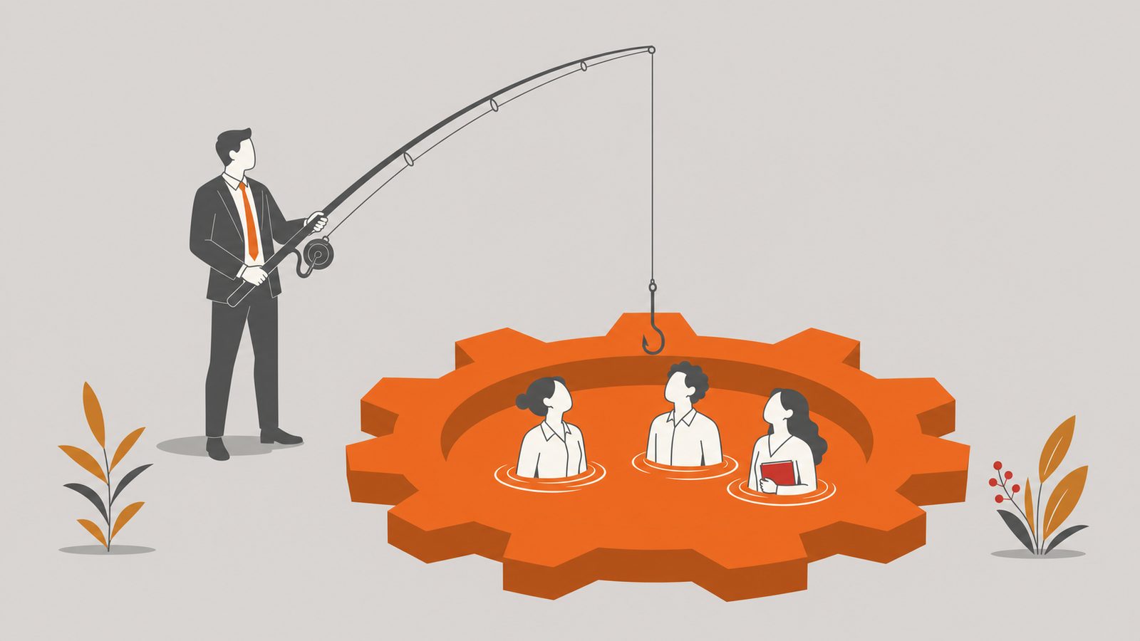 Recruiter drawing candidates from an orange gear-shaped talent pool.