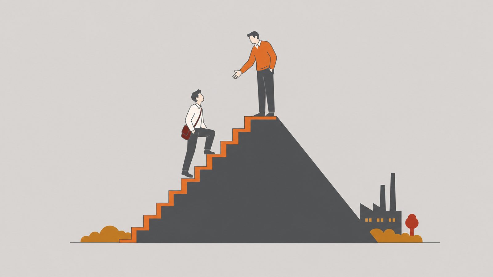 Aspiring executive gazing up at a mentor atop a stepped pyramid.
