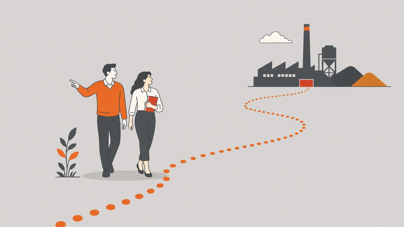 Mentor and mentee walking an orange trail toward a factory horizon.