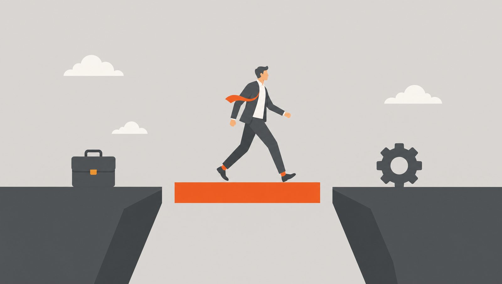 Mid-career professional stepping across an orange gap between two platforms.