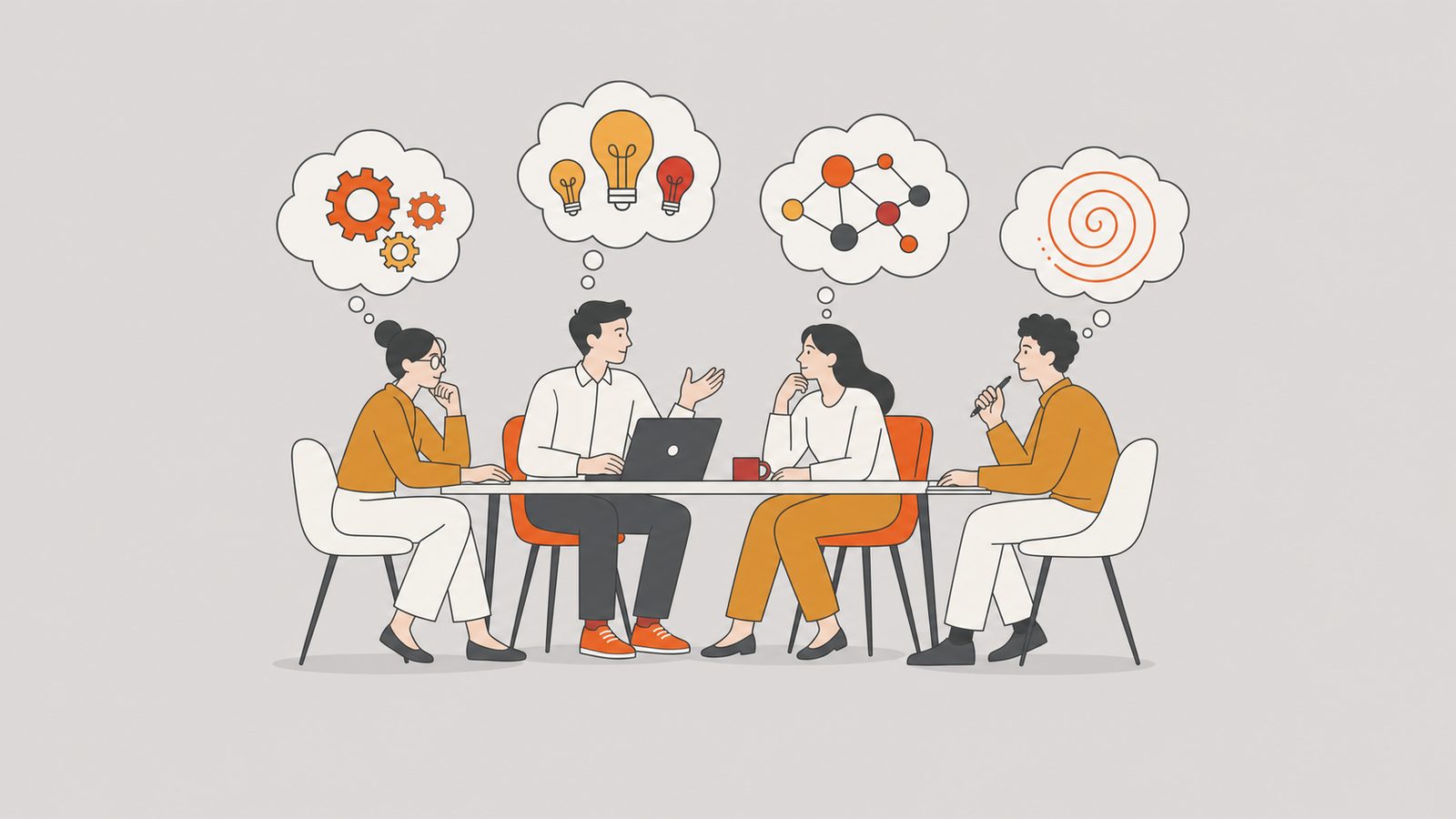Four figures with distinct thought-patterns collaborating around a table.