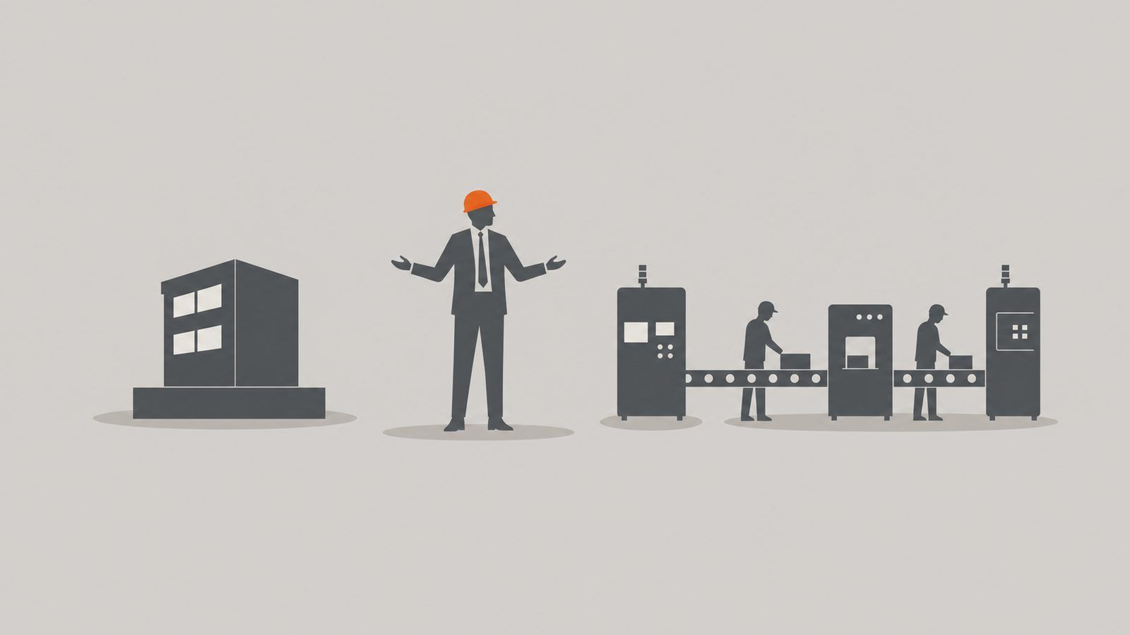 Editorial illustration of a plant floor with a single leader silhouette centered between a US-parent office and a Mexican production line.