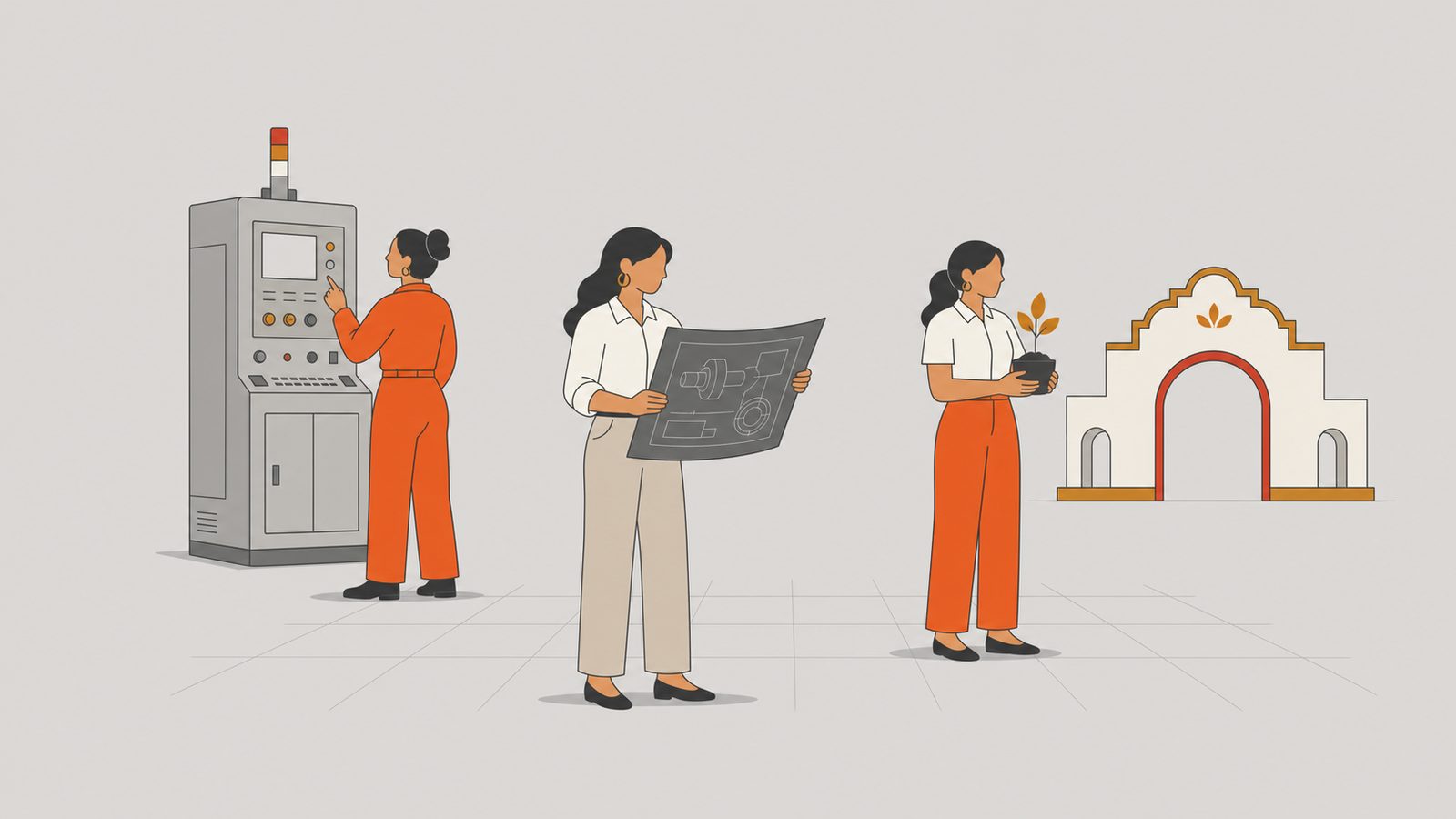 Three Latina professionals on a factory floor with a Mexican archway beyond.