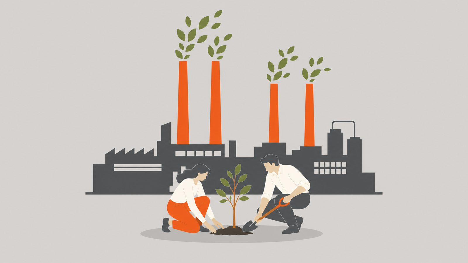 Factory releasing leaves as figures plant a tree, symbolizing sustainable manufacturing.