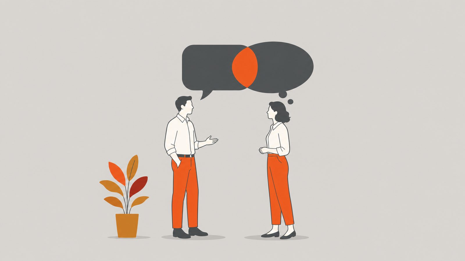 Two figures whose speech and thought bubbles overlap into an orange shared space.