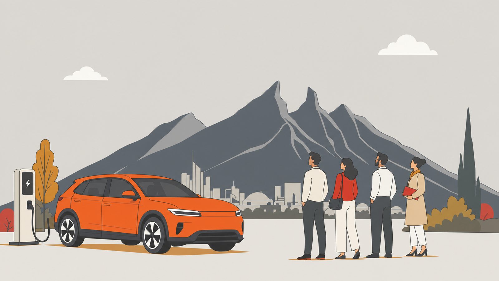 Electric vehicle approaching Monterrey's mountain skyline in orange.