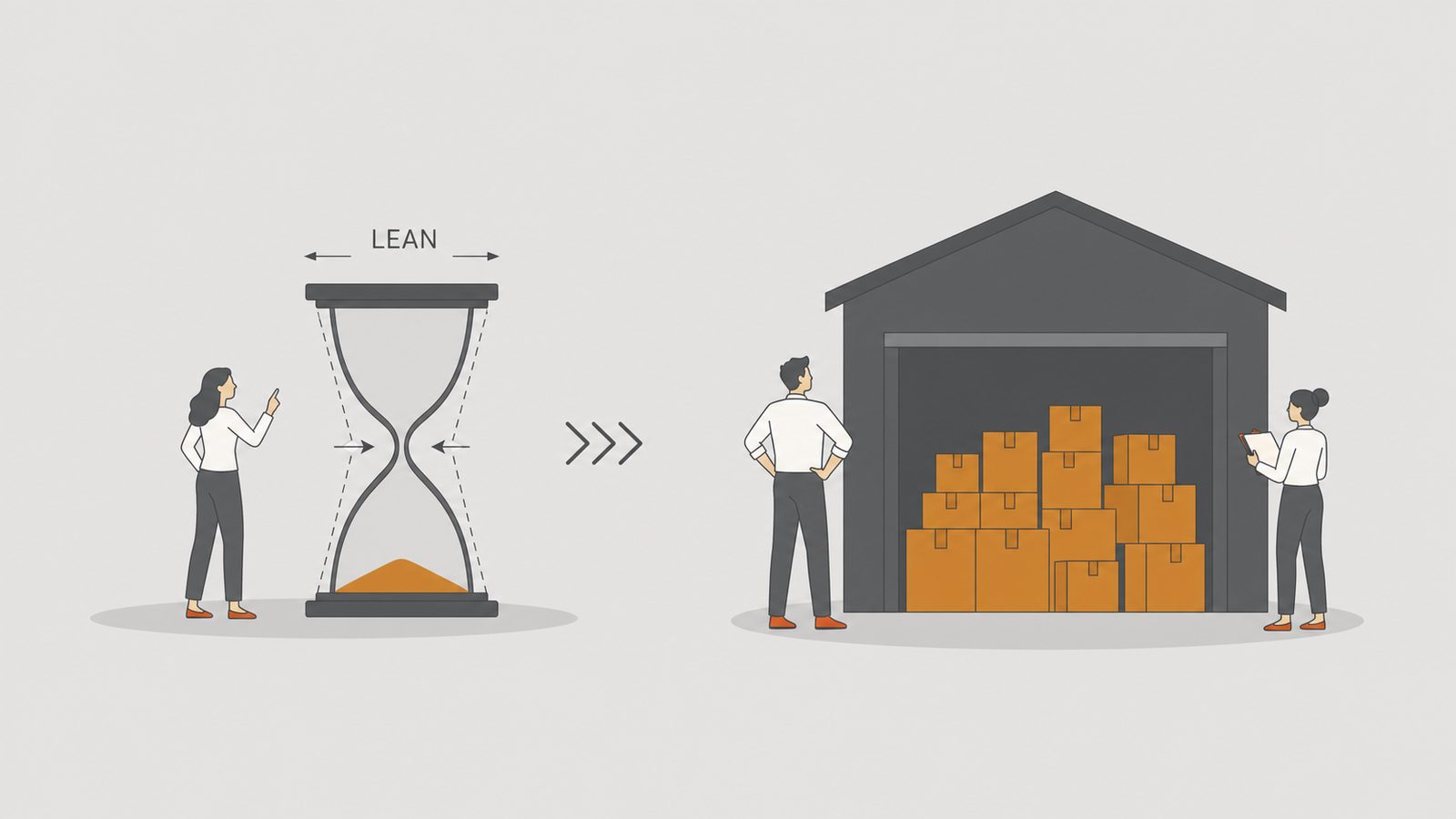 Hourglass transforming via an orange arrow into a wider storehouse of boxes.