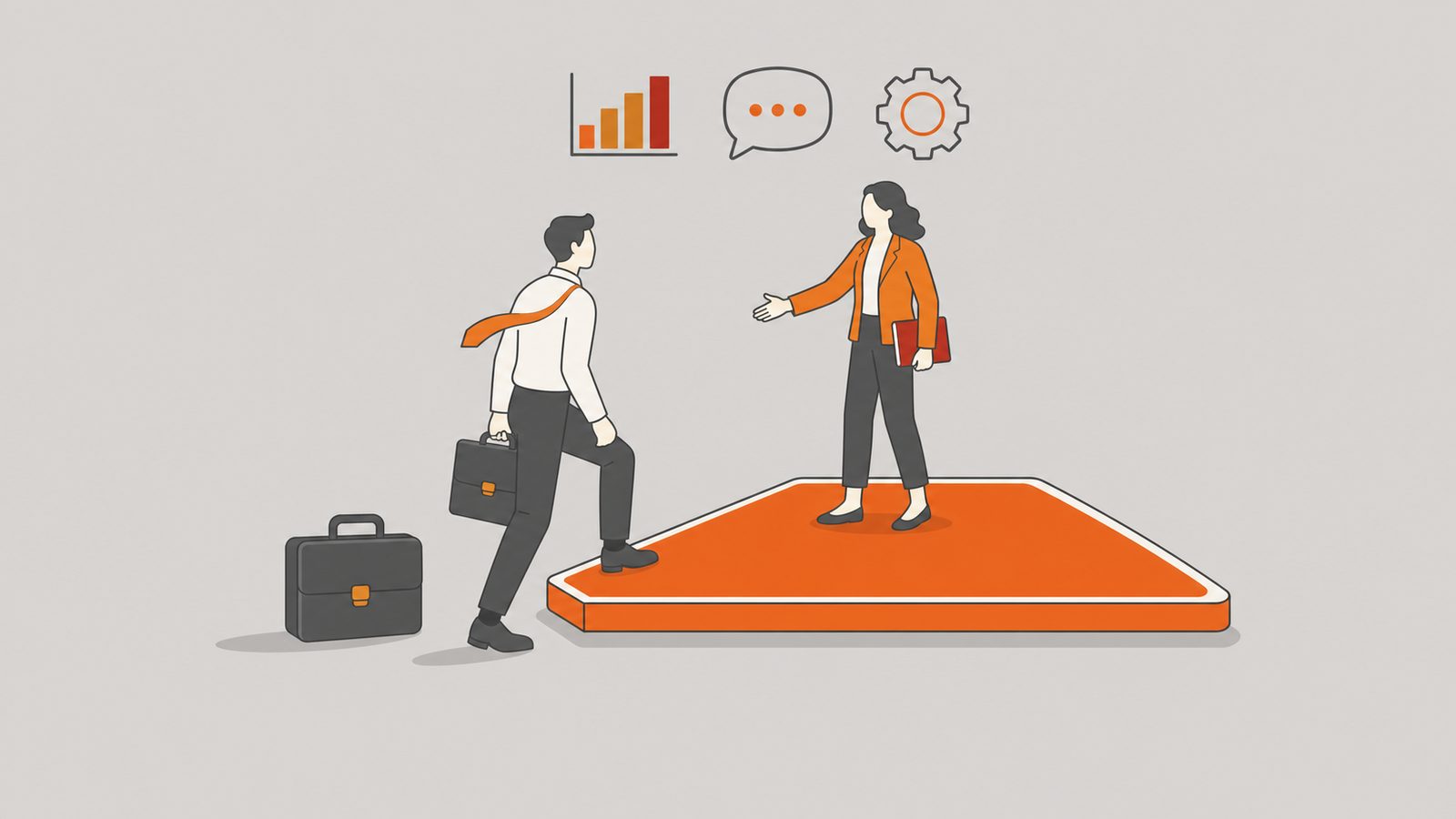 Sales professional stepping from a briefcase onto an orange tablet with digital icons.