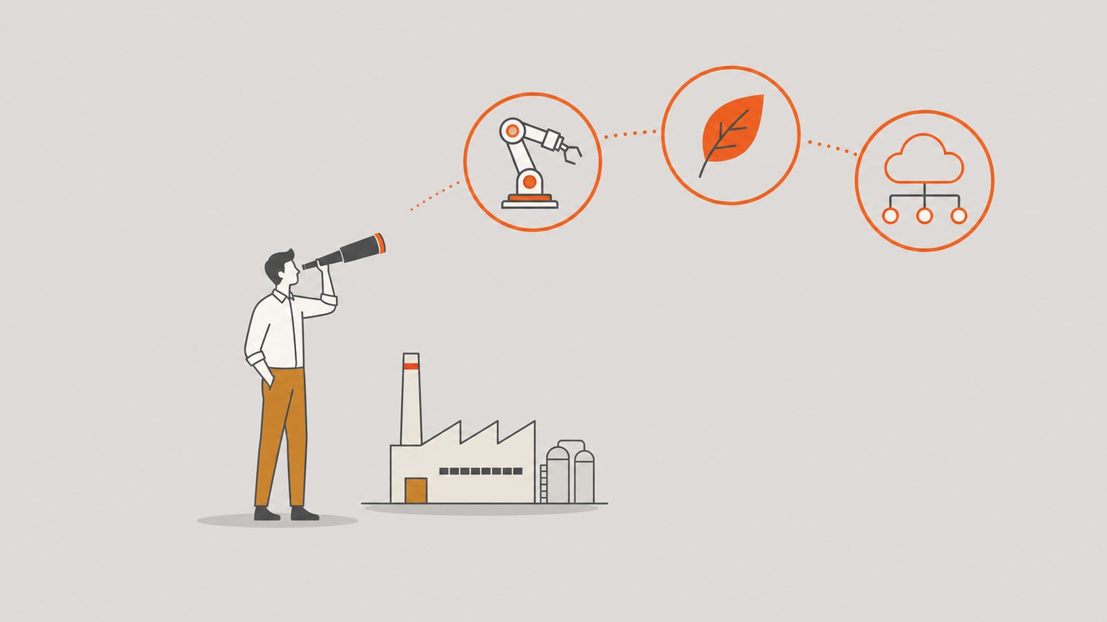 Figure with telescope observing three orange manufacturing trend icons in the sky.