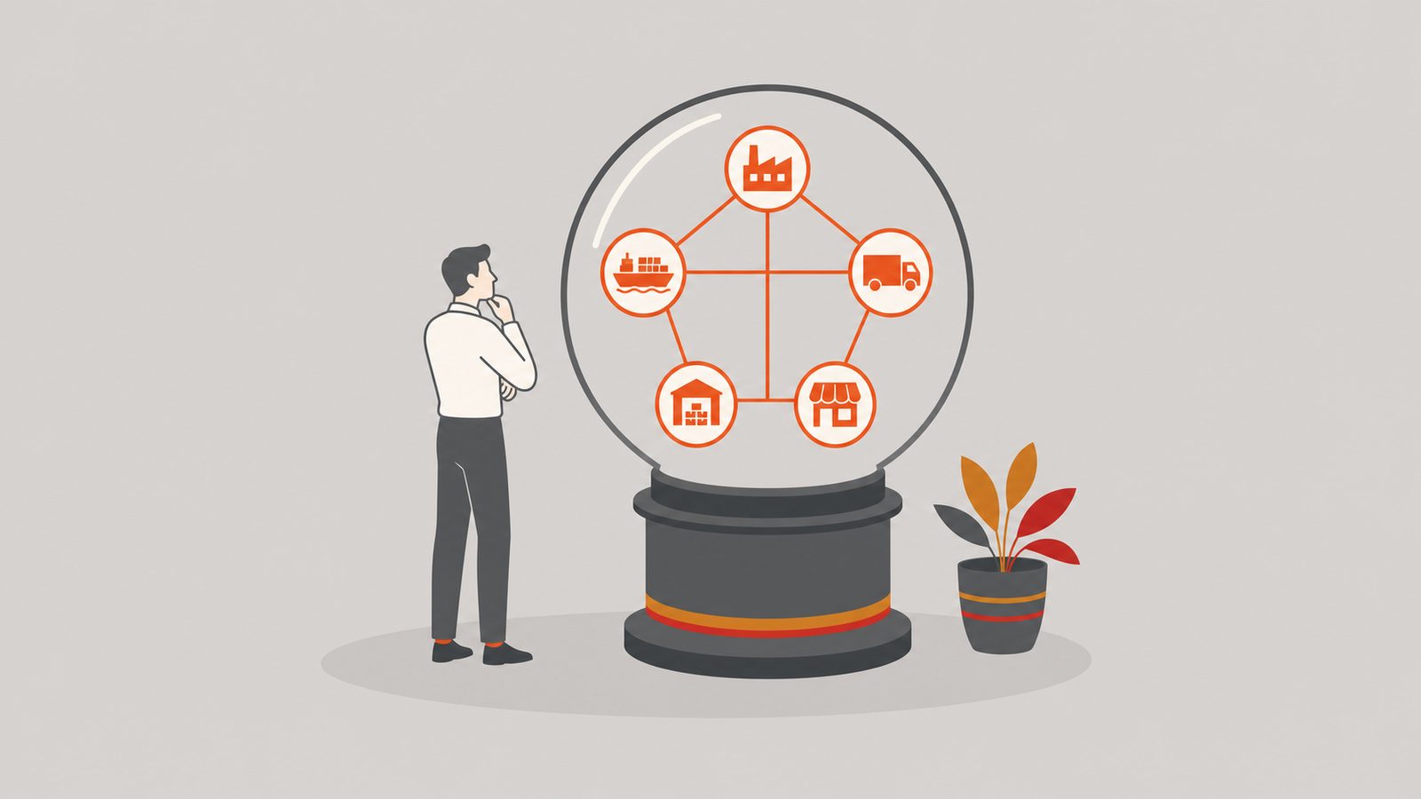 Figure gazing into a crystal-ball containing an orange supply chain network.