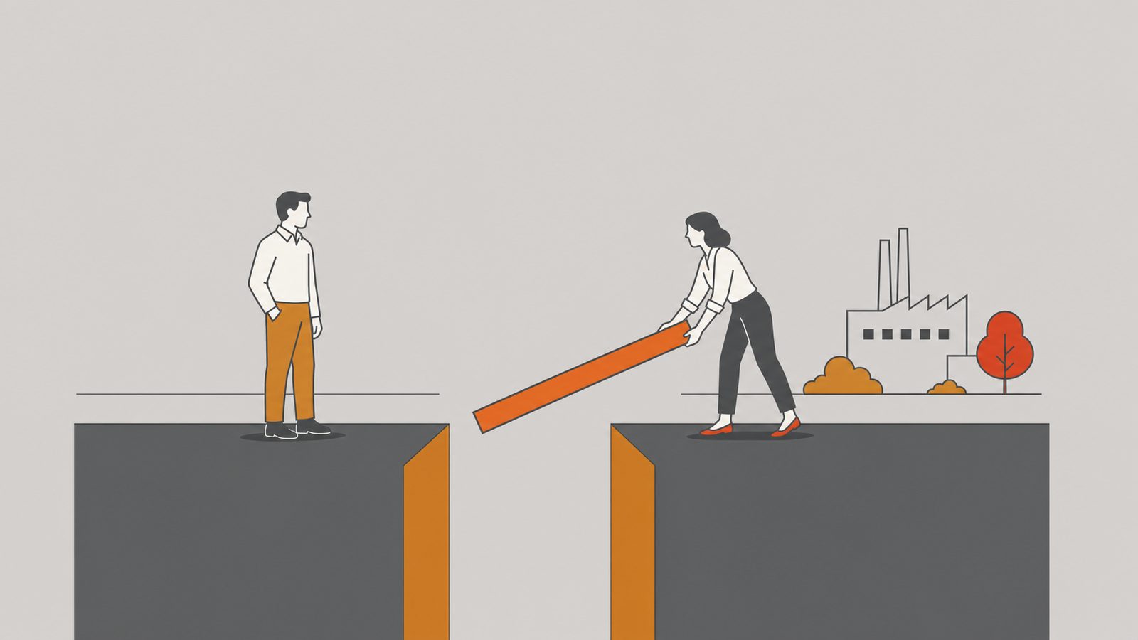 Woman laying an orange plank to bridge a widening gap on a factory floor.