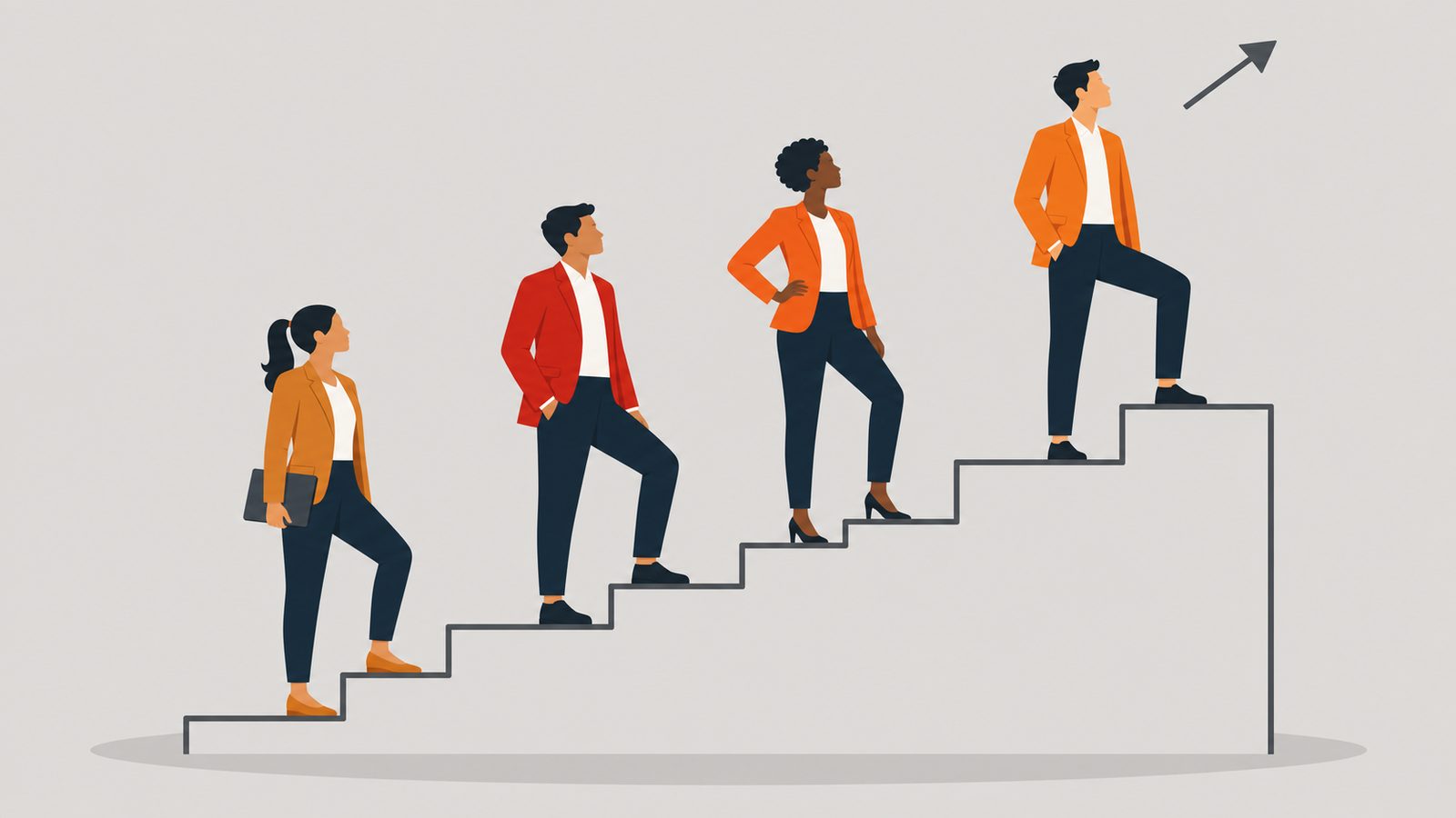 A diverse group of four leaders ascending a stepped platform, arrows rising above the highest step, evoking gender diversity fueling business performance