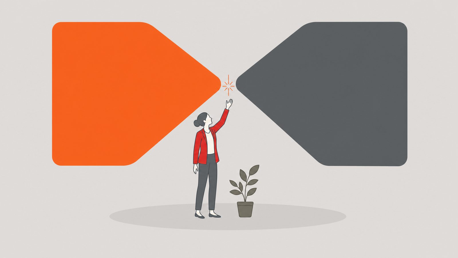 Two large shapes — one ember, one cream — rotating toward alignment above a small businesswoman, evoking cultural fit in executive search