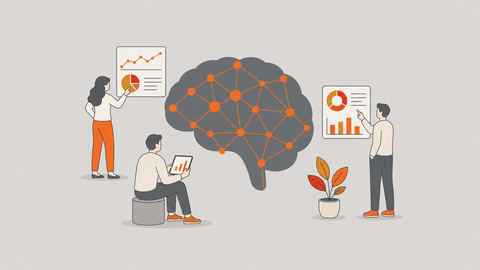 Brain overlaid on an orange supply-chain network as figures read data dashboards.