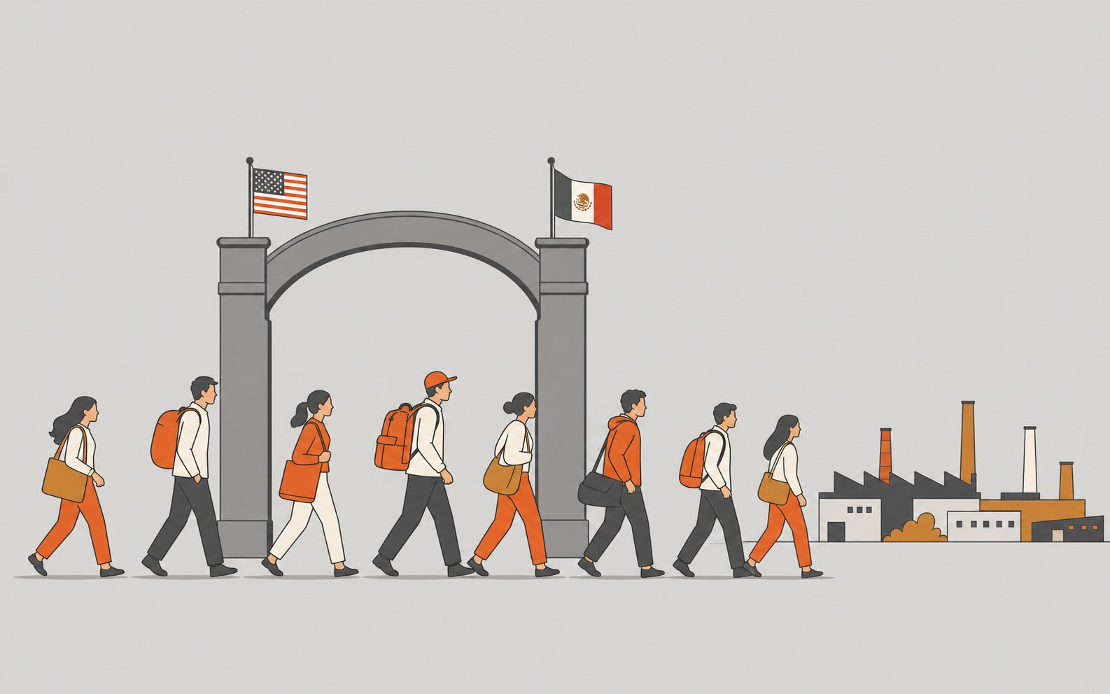 Wave of orange figures moving south across a US-Mexico border as factories rise up.