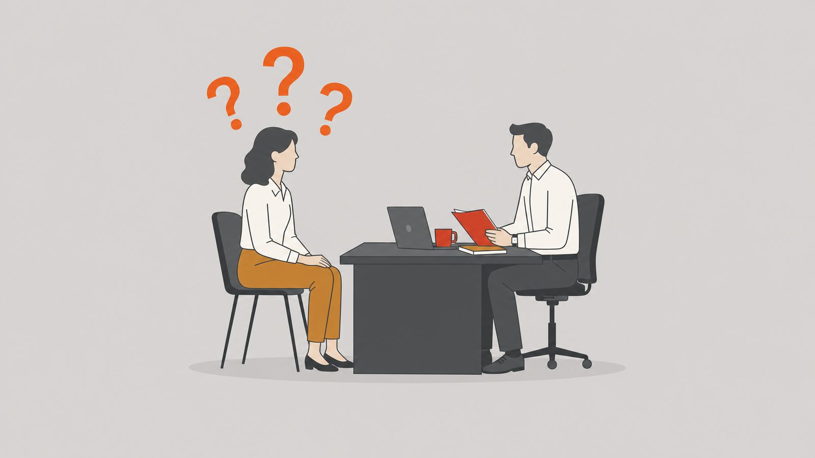 Candidate across a desk from a recruiter with orange question marks floating above.
