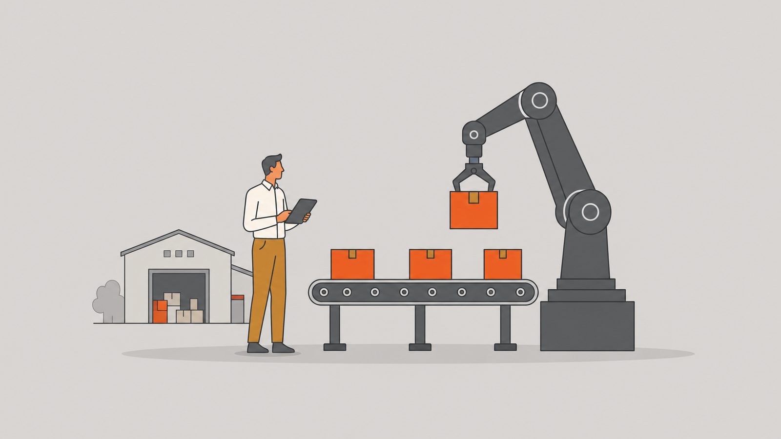 Robotic arm arranging orange packages on a belt while a human supervisor watches.