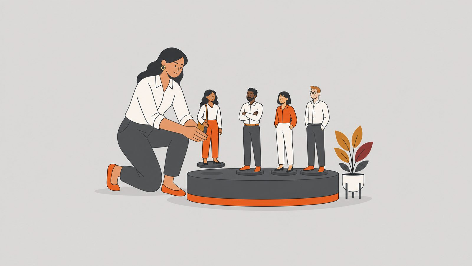 Search consultant placing a diverse team onto an orange-based platform.