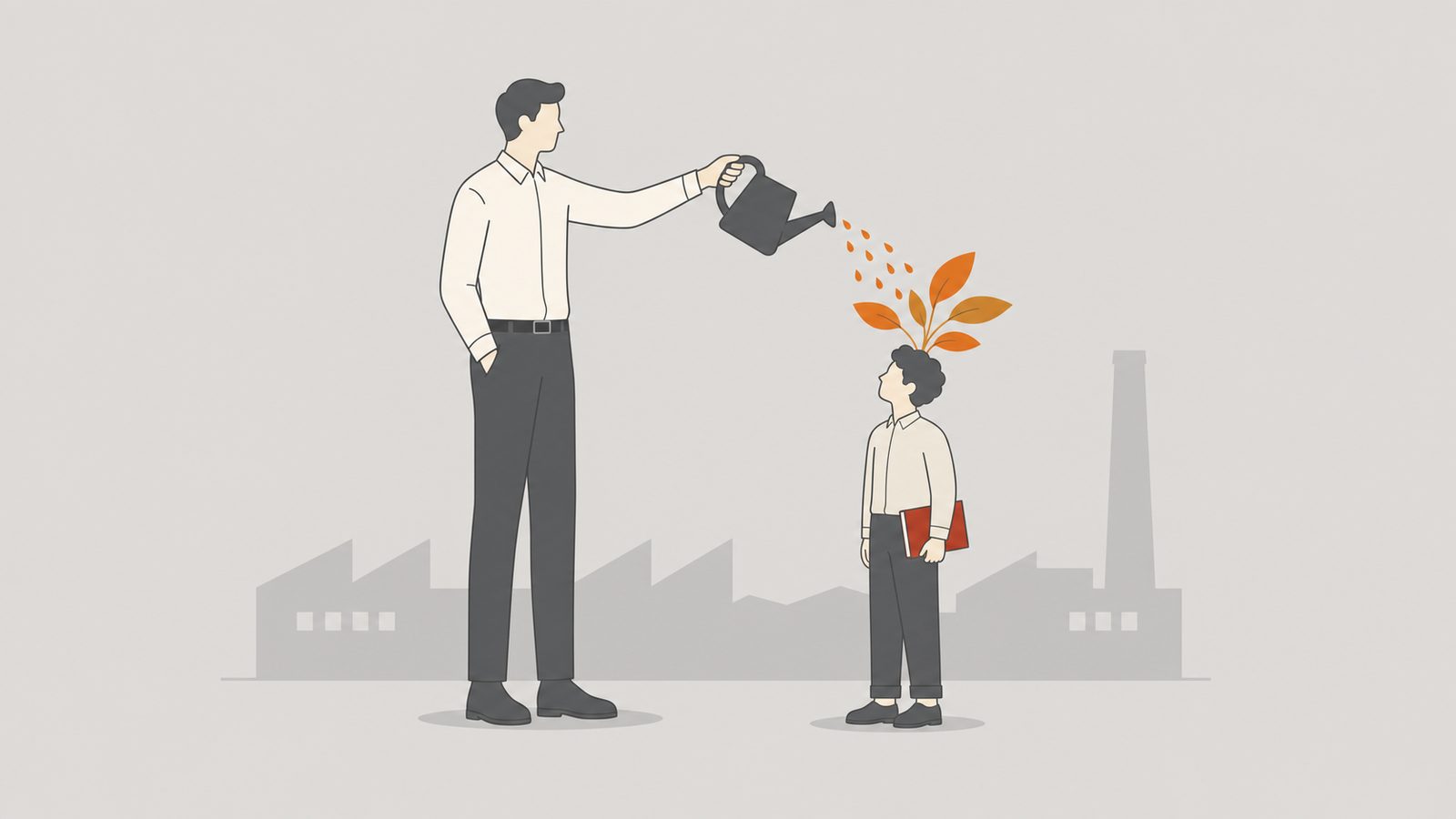 Mentor pouring orange droplets from a watering-can onto a mentee sprouting leaves.