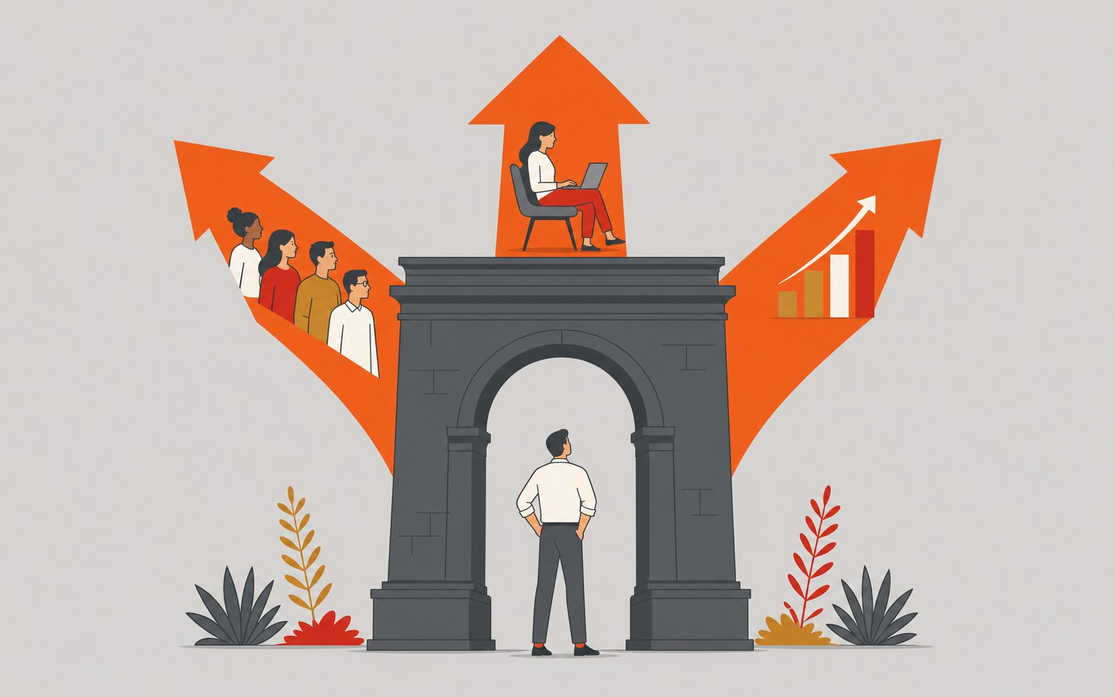 Mexican archway with three orange trend-arrows radiating outward.